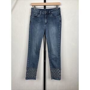 Joseph Ribkoff Diamond Cut-out Jeans Women's 6 Blue Embellished Cropped Stretch